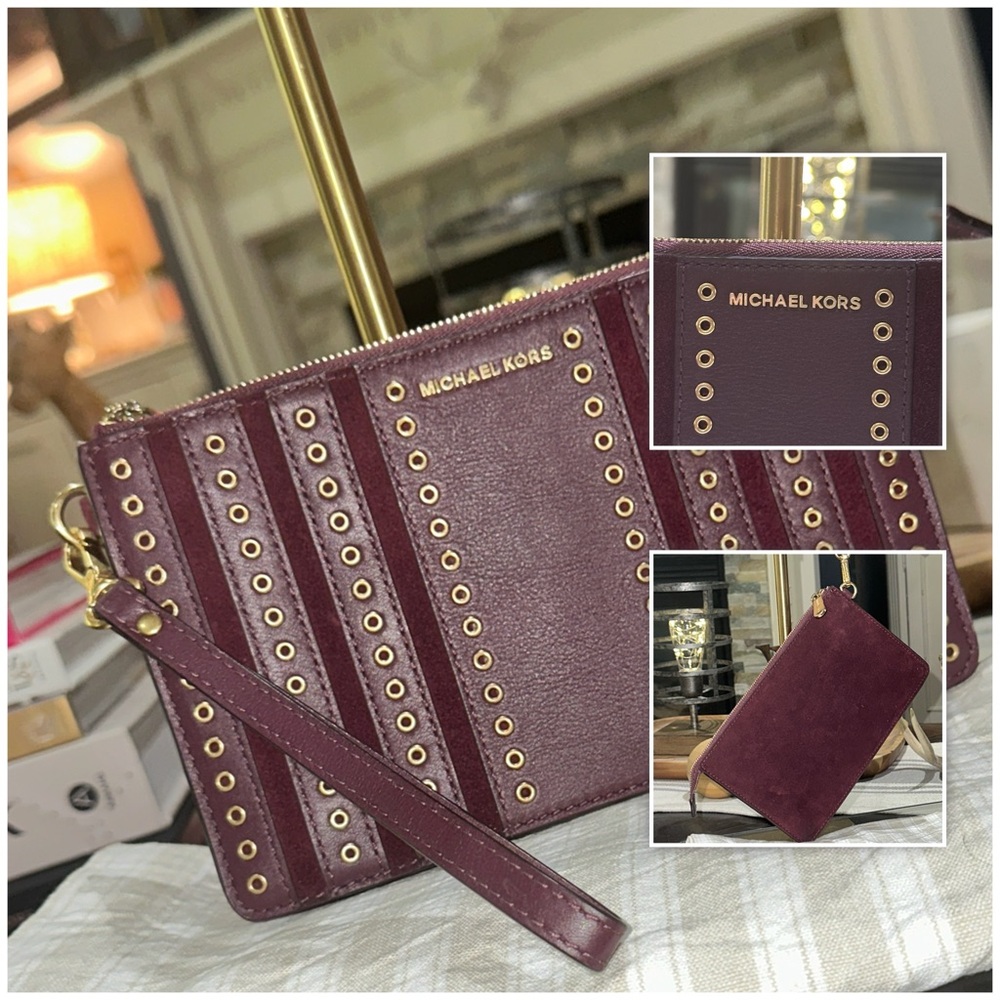 MICHAEL Michael Kors Brooklyn Medium Grommet Suede & Leather Wristlet in Oxblood